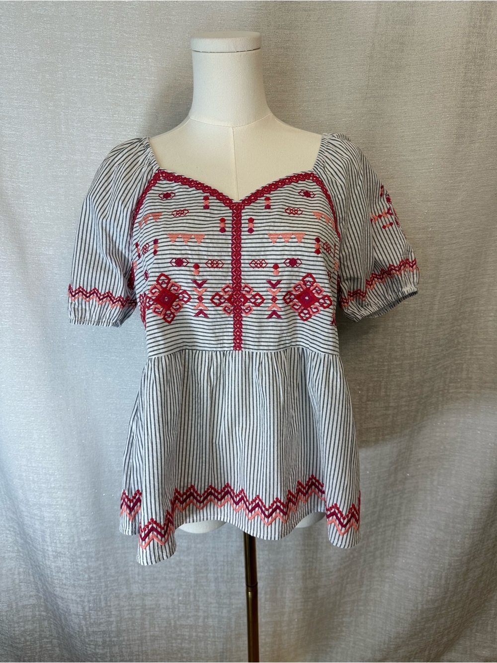 Savanna Jane Striped Blue/Grey & White Peplum Tunic with Red and Pink Embroidery